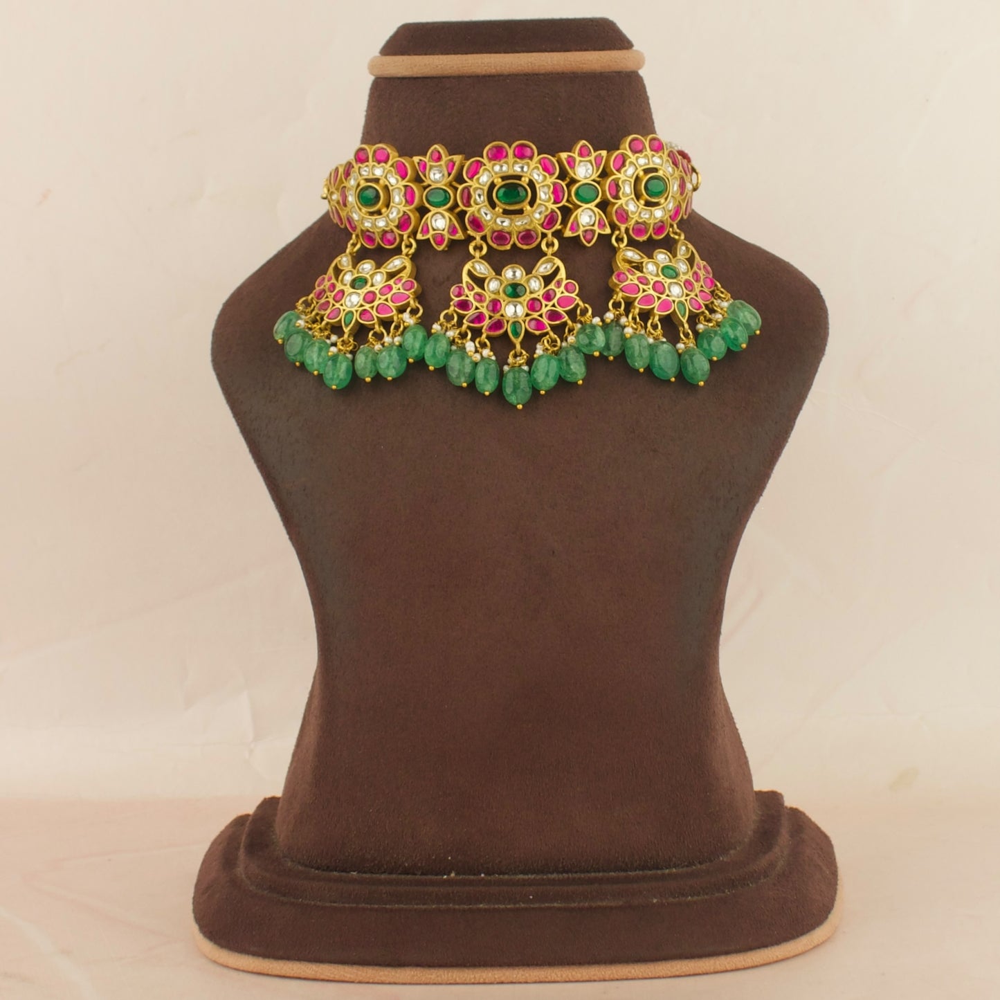 Floral Chandbali Design Lockets Jadau Kundan Choker with Green Beads