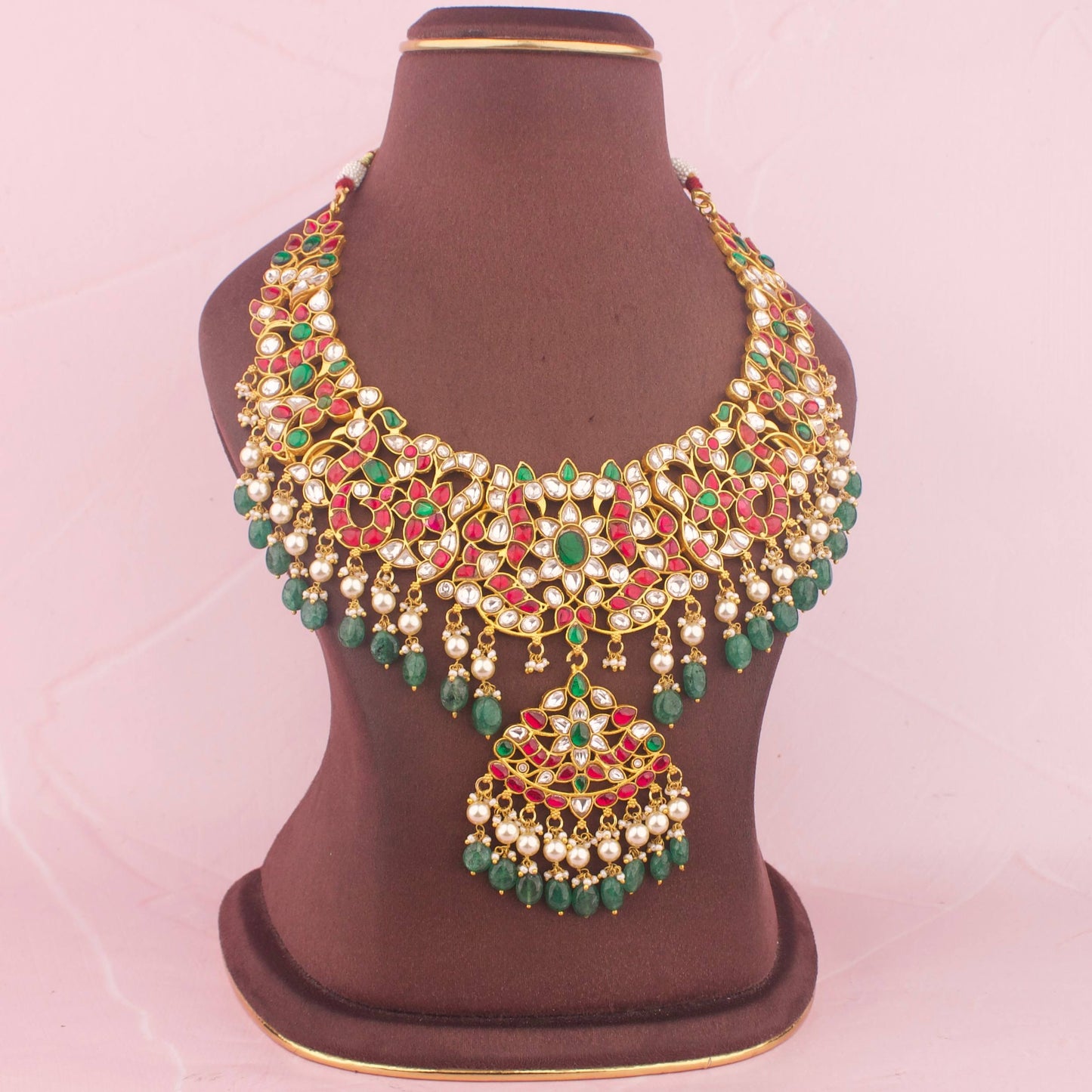 Traditional Jadau Kundan Necklace With Green Bead Hangings