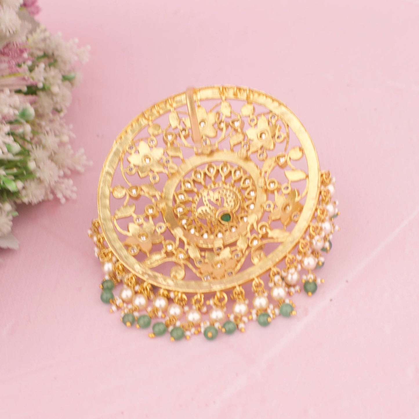 Royal Jadau Kundan Bridal Statement Locket With Red Stones, Green Center And Pearl Beads