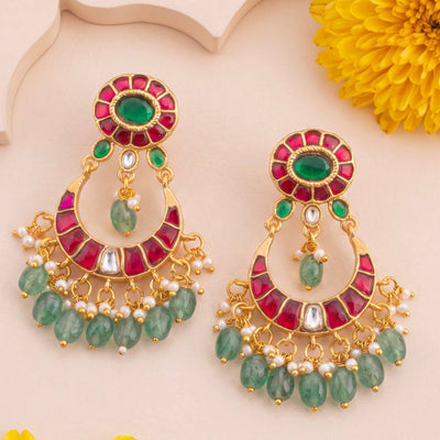 Regal Jadau Kundan Chandbali Earrings With Emerald Hangings
