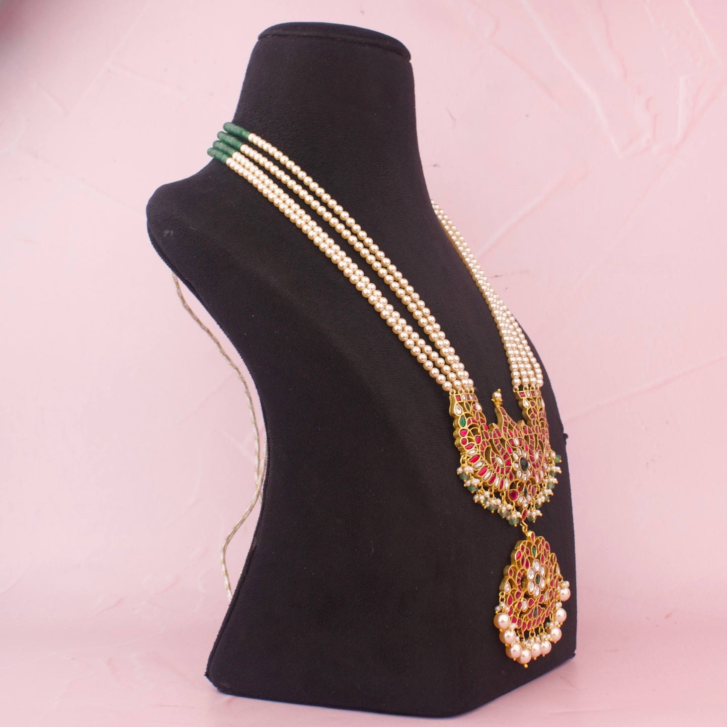 Designer Jadau Kundan Necklace With Layered Pearl Beads And Royal Pendant