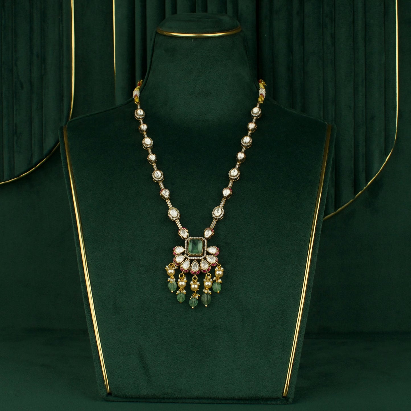 Sleek Polki Necklace With Earrings In Victorian Finish