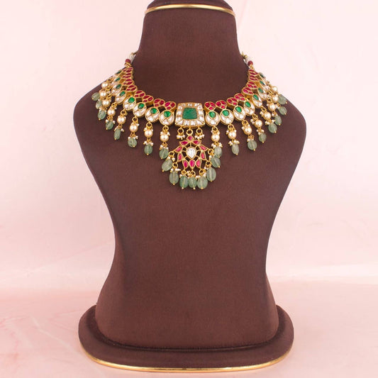 Classic Jadau Kundan Necklace With Pearl & Beads Droplets