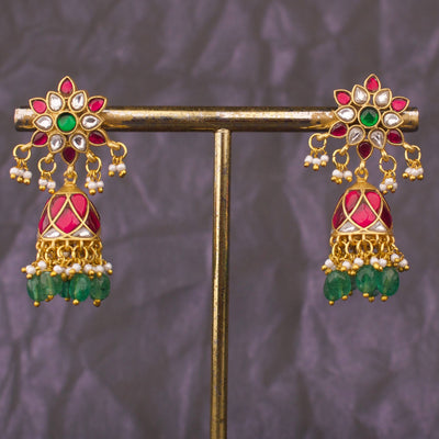Elegant Floral Jadau Kundan Earrings With Green Drops