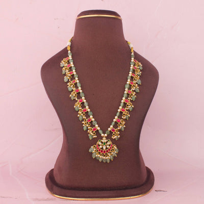 Elegant Jadau Kundan Beads Necklace With Green Drops