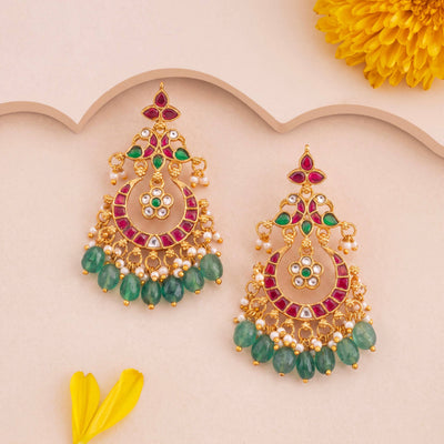 Classic Jadau Kundan Chandbali Earrings With Emerald Drops