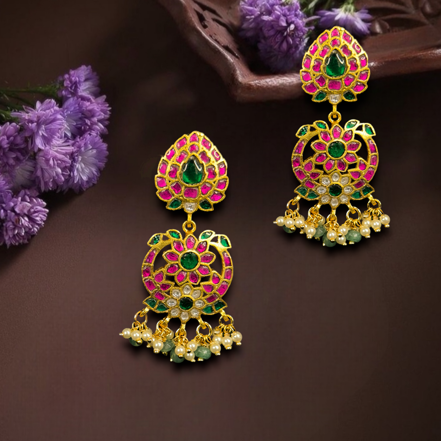 Enchanting Floral Jadau Kundan Earrings - DULHAN JEWELS