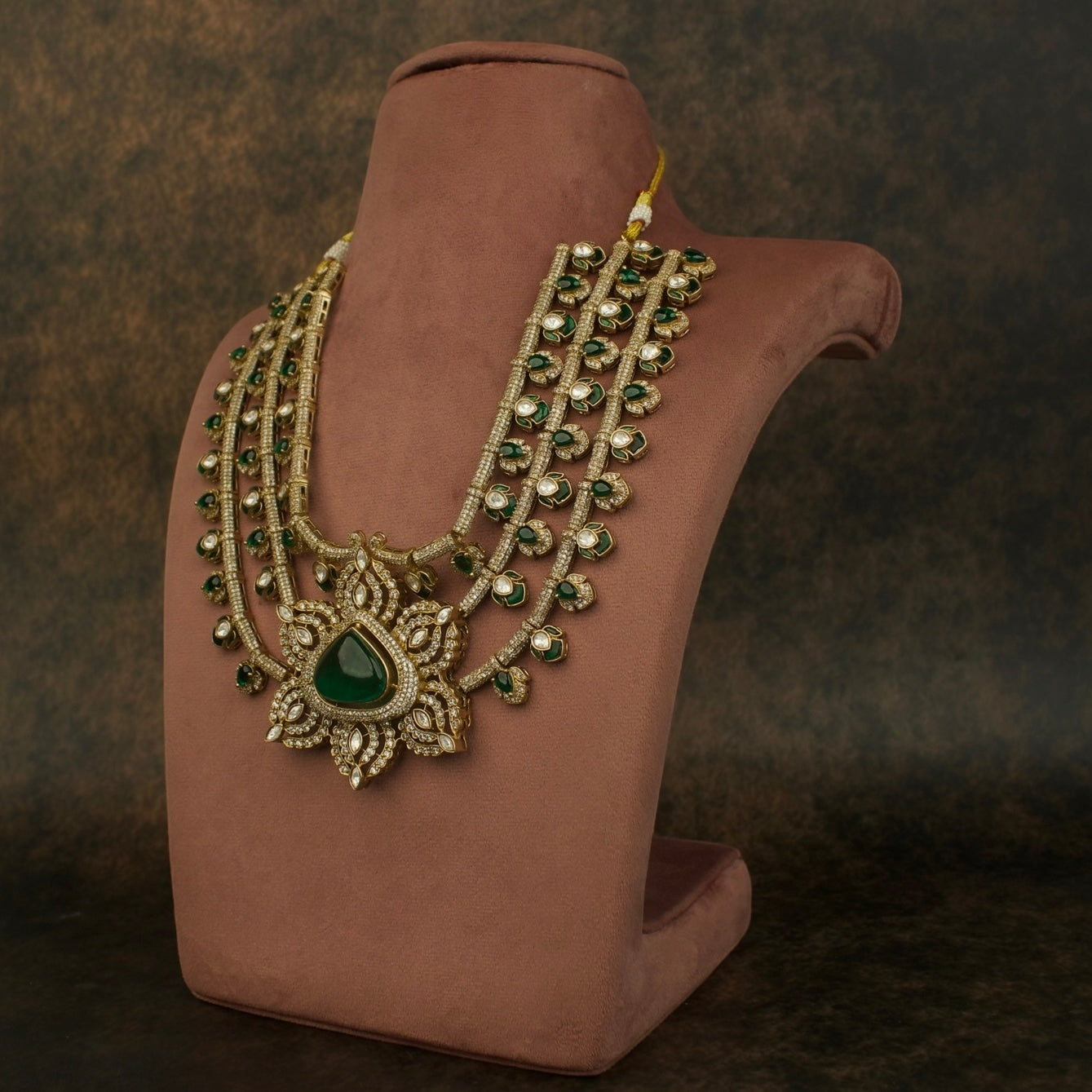 Majestic Multi-Layered Victorian Polki Necklace Set with Green Stones