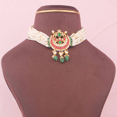 Jadau Kundan Pearl Choker With Emerald Drops