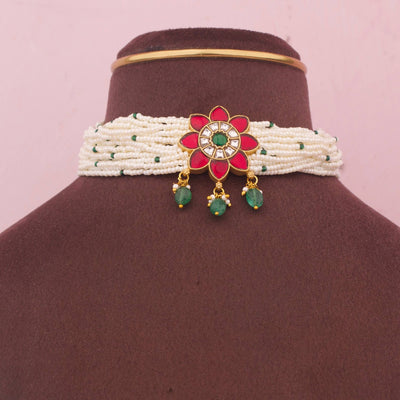 Floral Design Jadau Kundan Pearl Choker With Green Beads