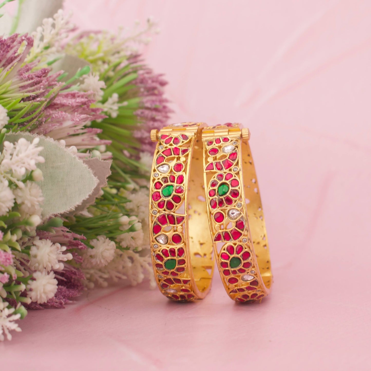 Designer Jadau Kundan Bangles With Floral Motif And Multi-Stone Work