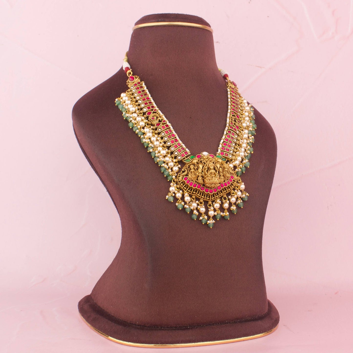 Grand Temple Style Jadau Kundan Necklace With Goddess Lakshmi Pendant