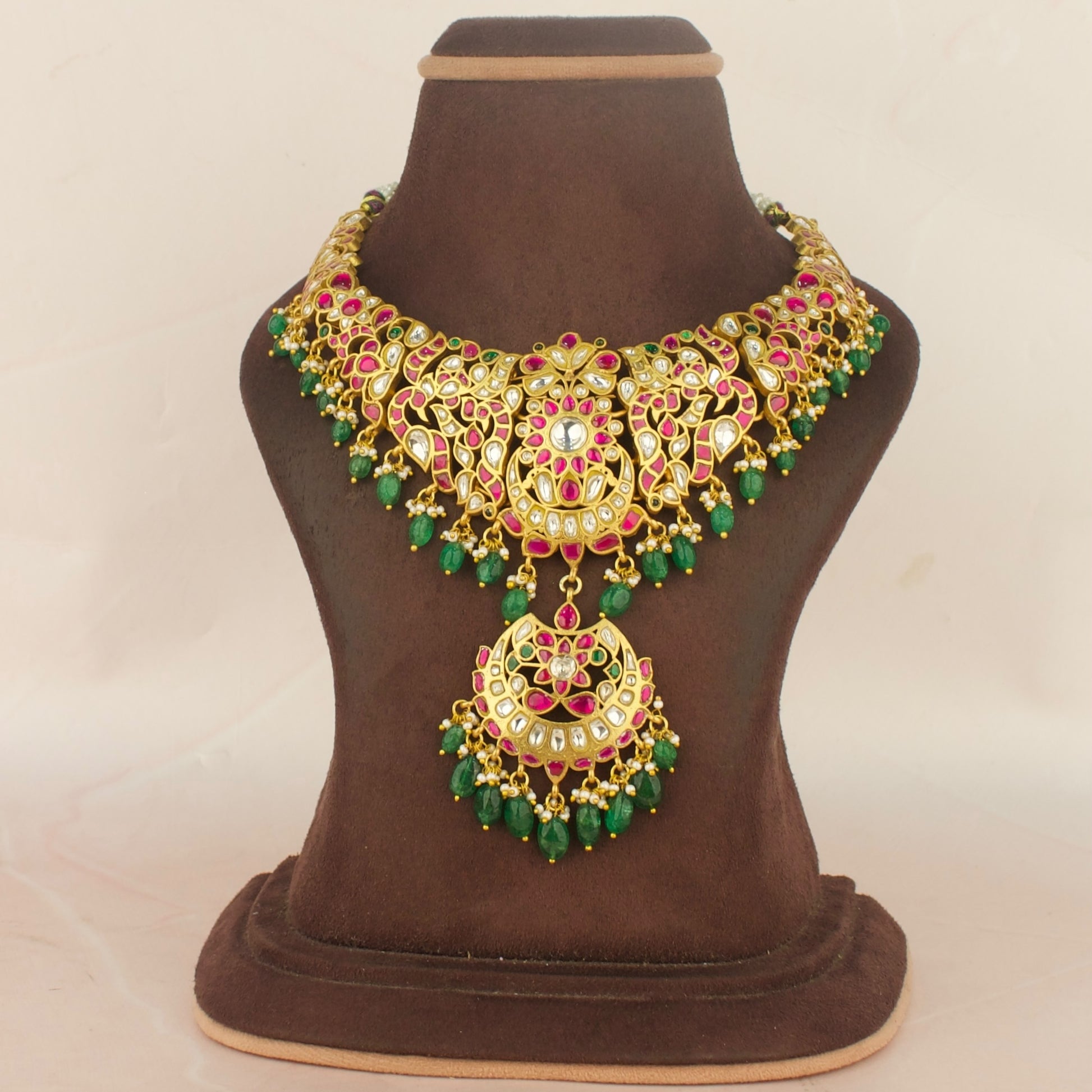 Unique Gold Style Chand Bali Design Jadau Kundan Short Necklace with Green Beads