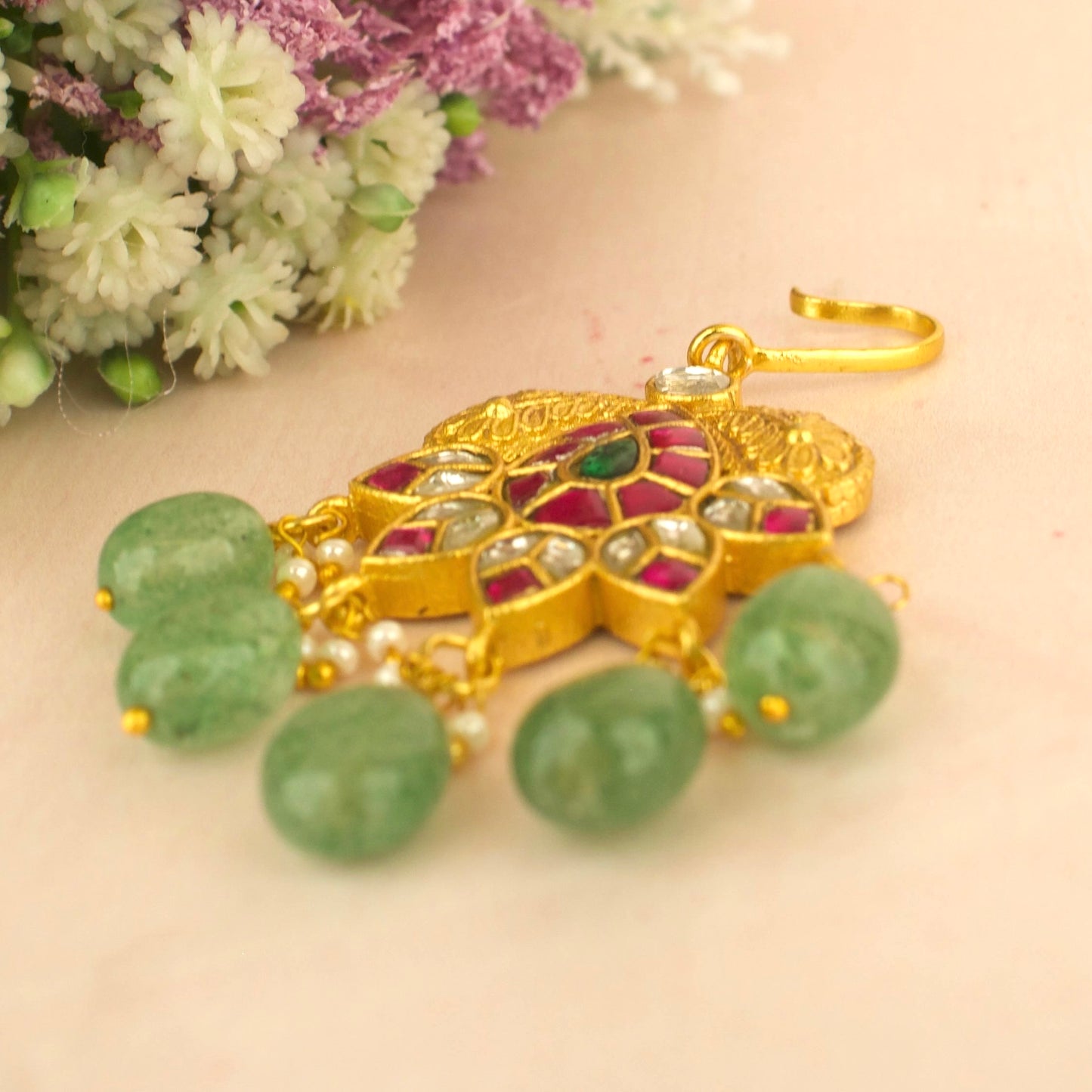 Gold inspired Design Jadau Kundan Short Maang Tikka with Green Beads