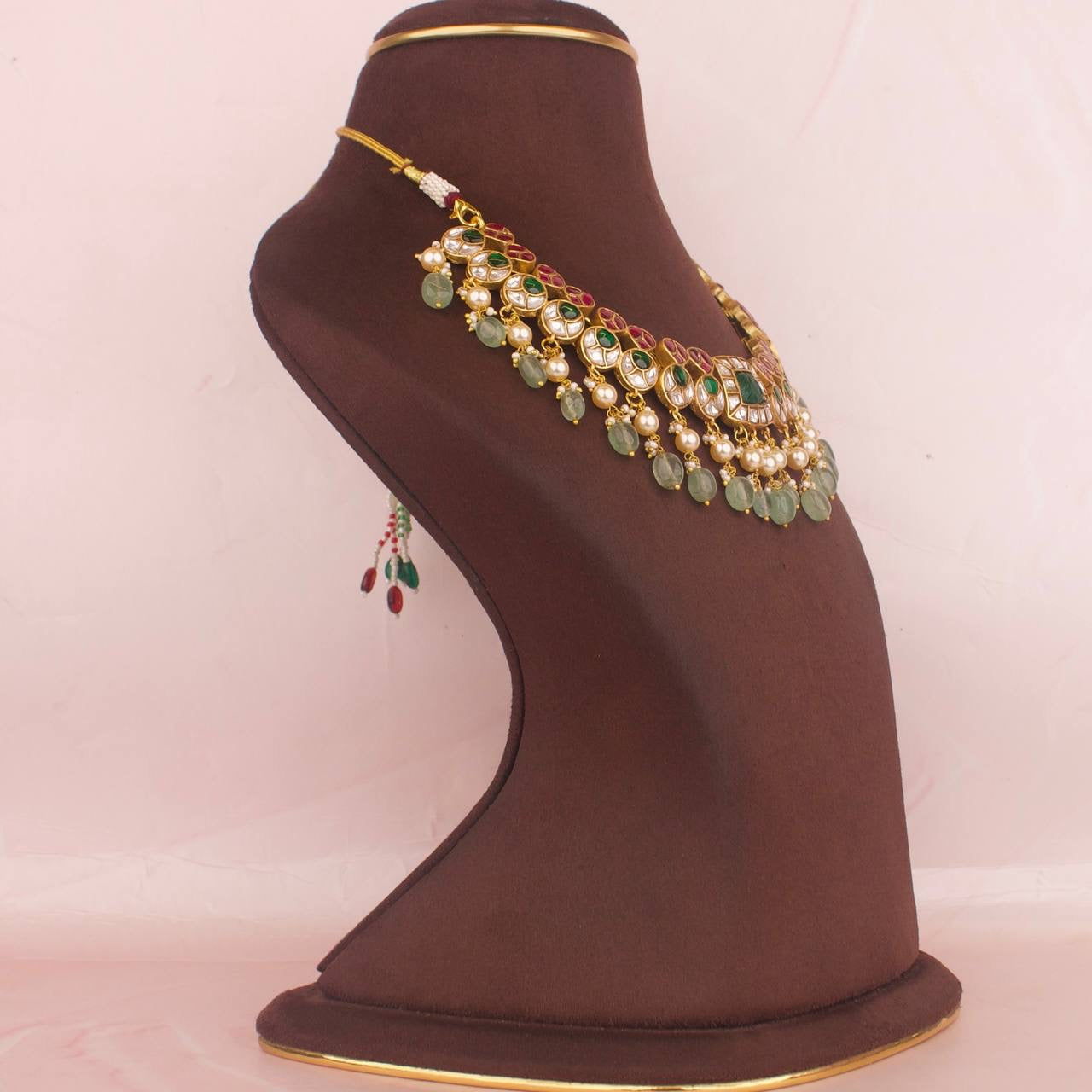 Exquisite Jadau Kundan Short Necklace with Green Beads