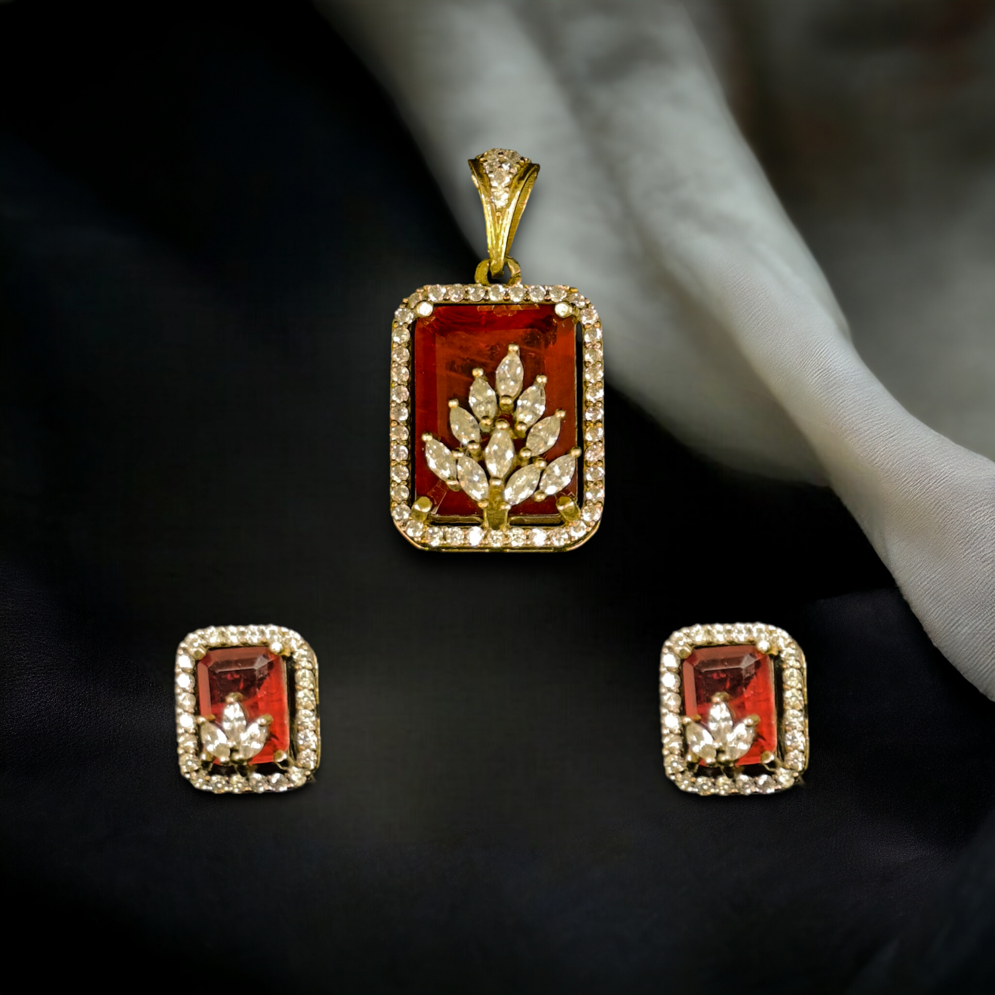 Antique Victorian Pendant Set with Diamond Floral Design and Matching Earrings