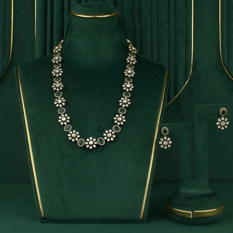 Floral Sleek Design Polki Victorian Necklace With Matching Earrings