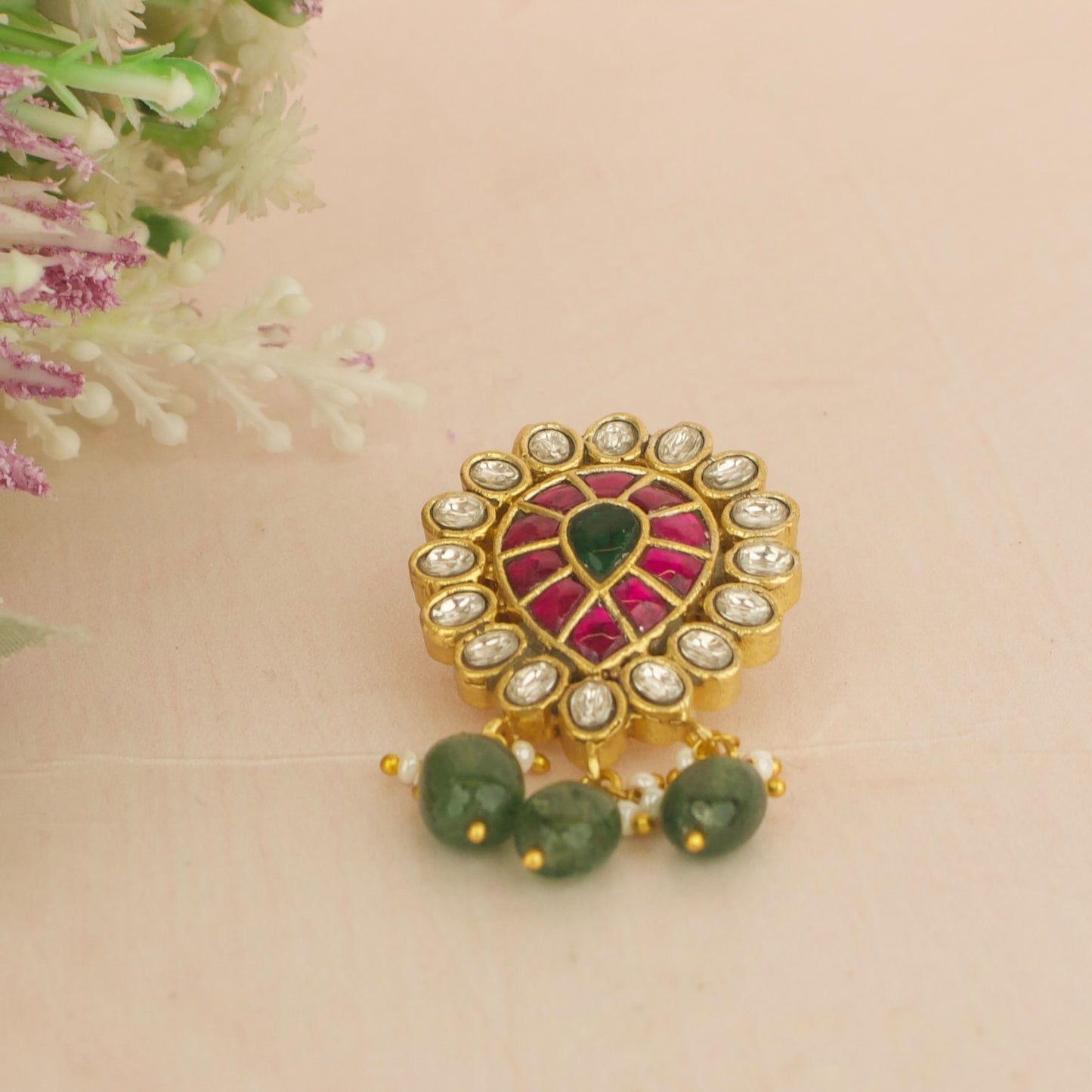 Graceful Jadau Kundan Hairpin With Tilak Design & Green Beads