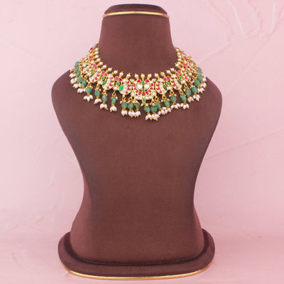 Ethnic Jadau Kundan Necklace With Ricepearl Hangings