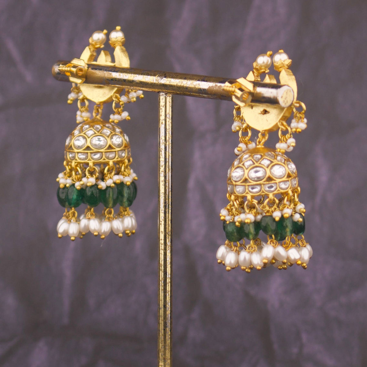 Unique Jadau Kundan Jhumki Earrings With Ricepearl Hangings Craftsmanship & Detail View - Dulhan Jewels