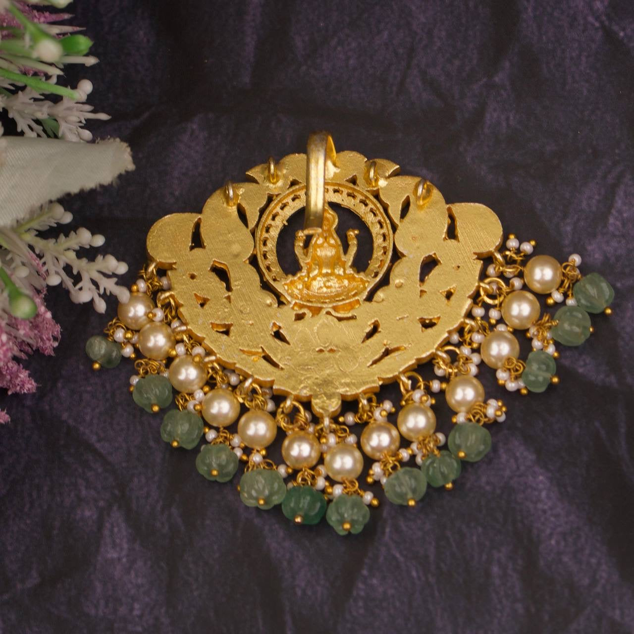 Divine Laxmi Devi Jadau Kundan Pendnat With Guttapusalu Hangings