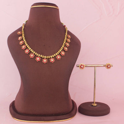Gold Style Jadau Kundan Floral Necklace With Earrings - Handcrafted Indian Bridal Jewelry by Dulhan Jewels