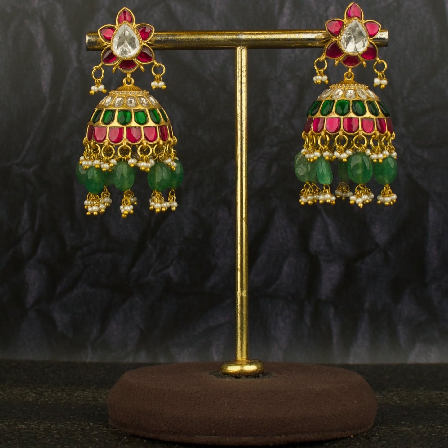 Opulent Design Studded Jadau Kundan Jhumki with Green Beads