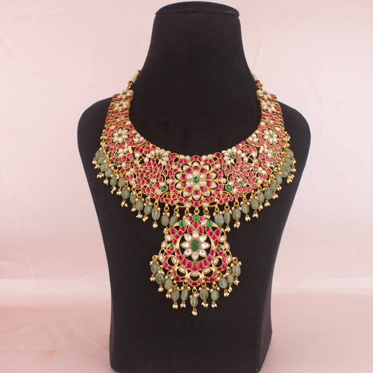 Bridal Grand Jadau Kundan Necklace With Green Beads & Pearls As Hangings