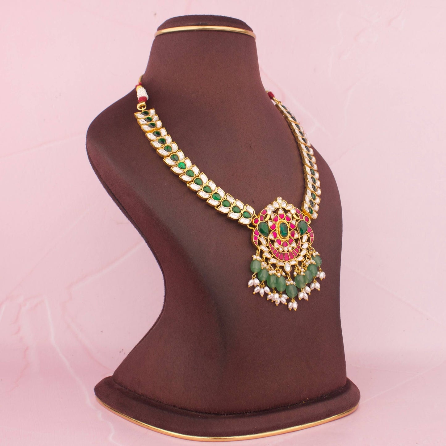 Classic Multi-Stone Polki Necklace With Emerald Drops And Statement Pendant