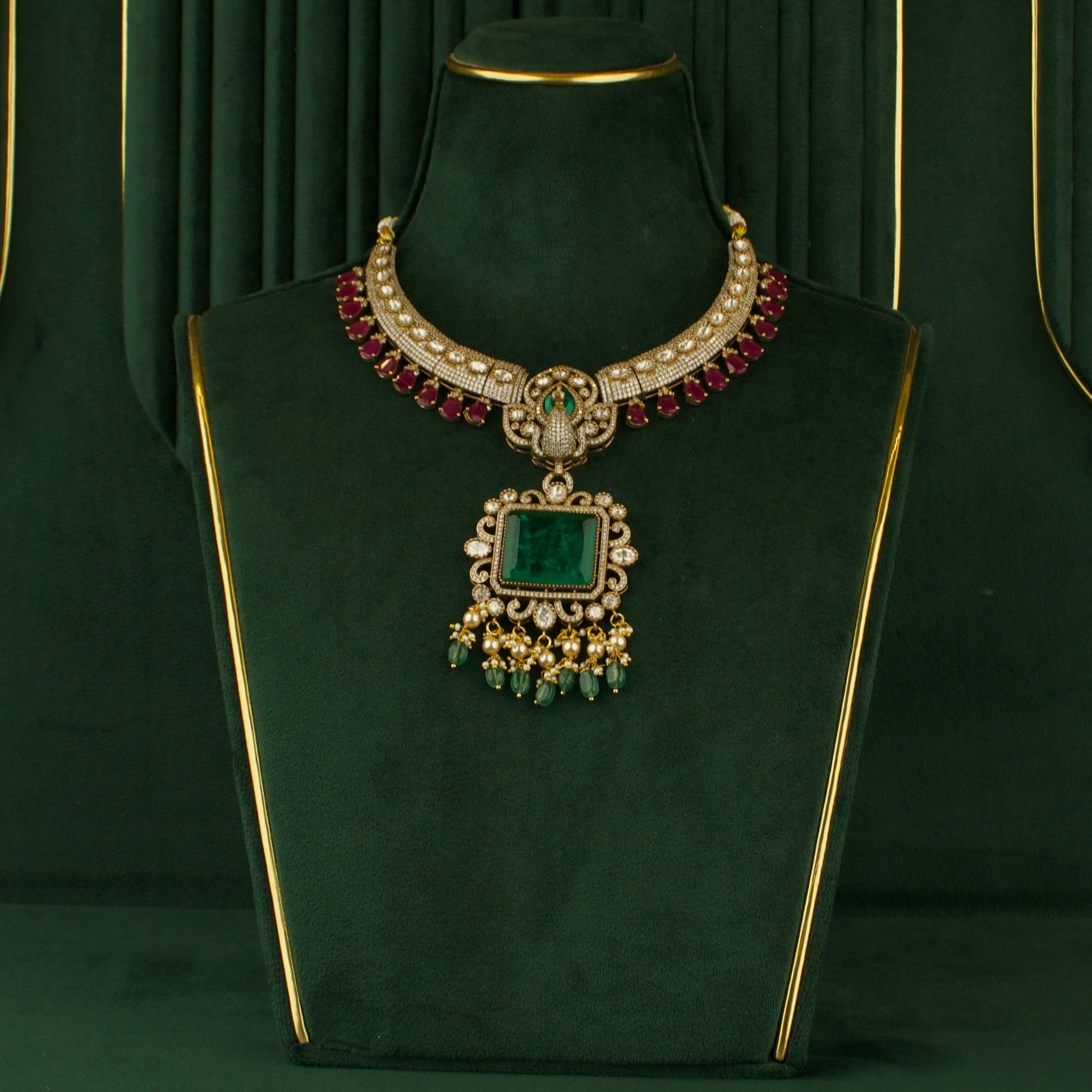 Bridal Captivating Design Fusion Kundan & Polki Victorian Necklace with Matching Earrings