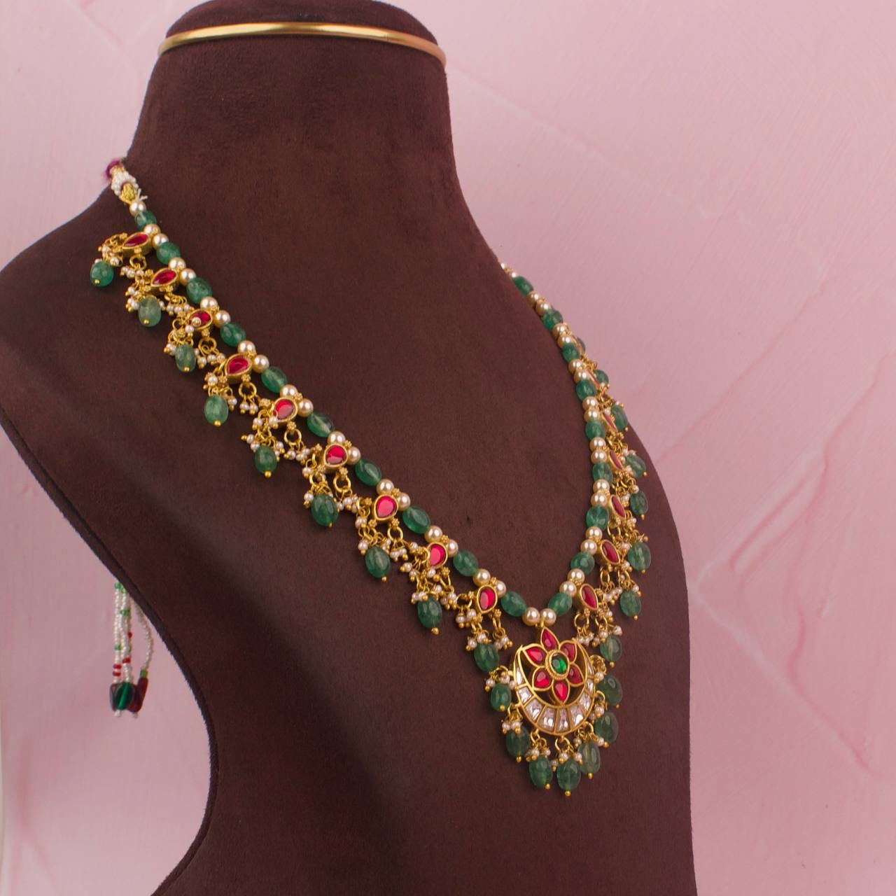 Sleek Jadau Kundan Beads Chain Necklace With Chand Locket