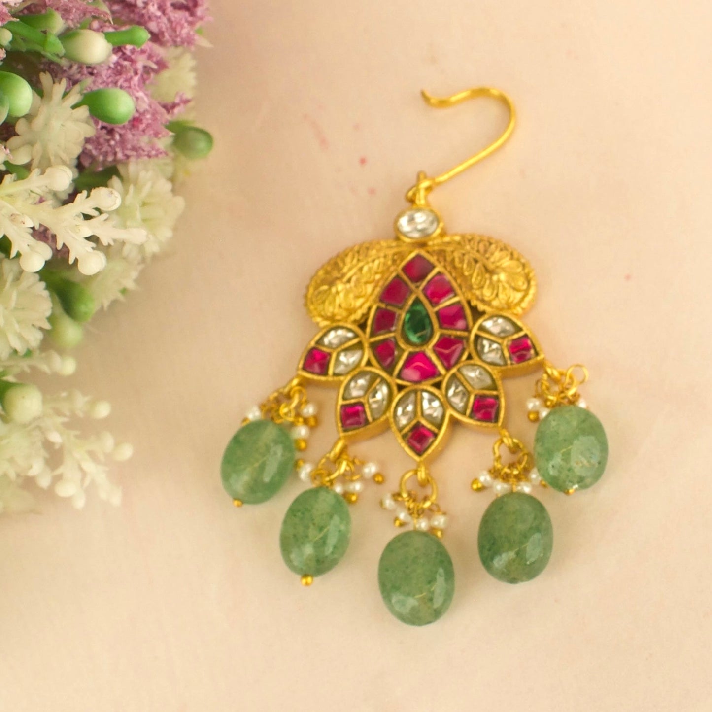 Gold inspired Design Jadau Kundan Short Maang Tikka with Green Beads