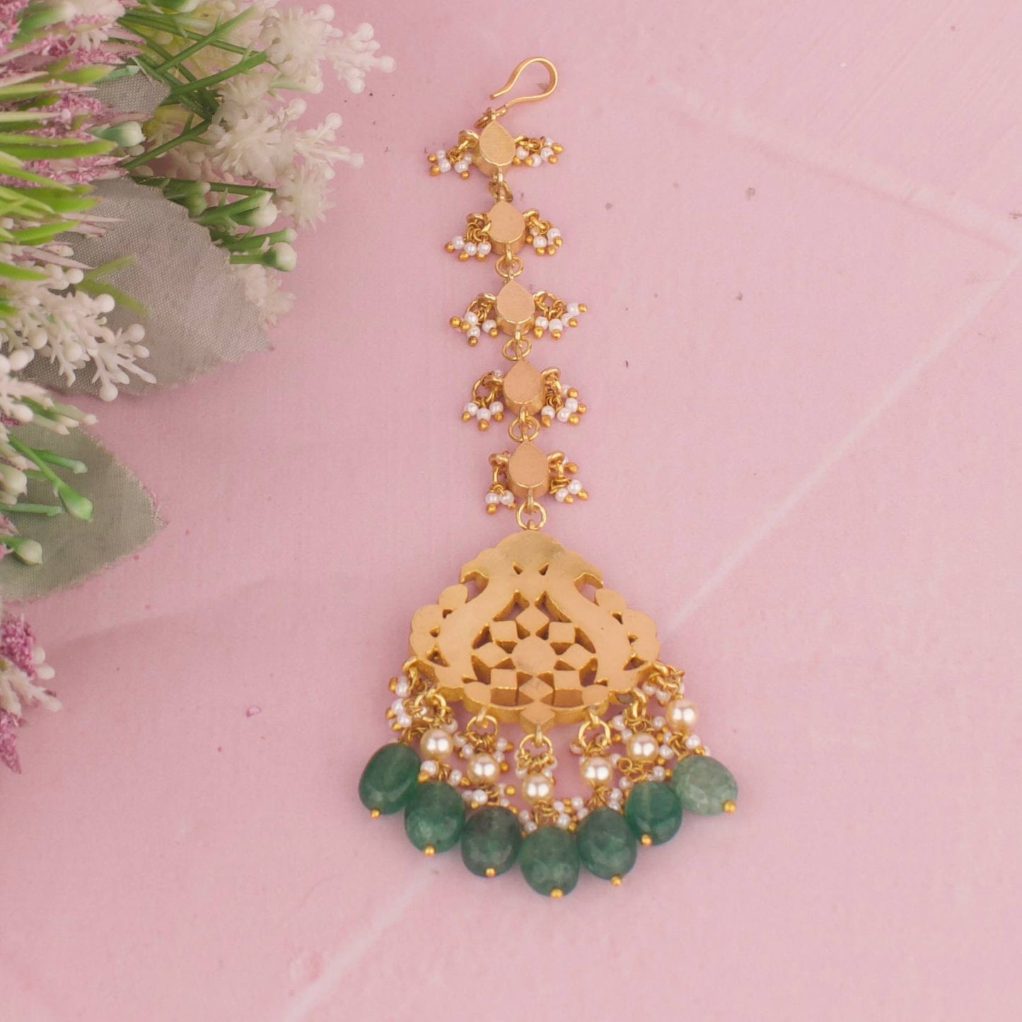 Designer Jadau Kundan Maang Tikka With Pearl Clusters