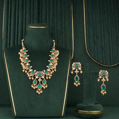 Elegant Emerald Victorian Necklace With Pearl Drops And Matching Earrings - Handcrafted Indian Bridal Jewelry by Dulhan Jewels