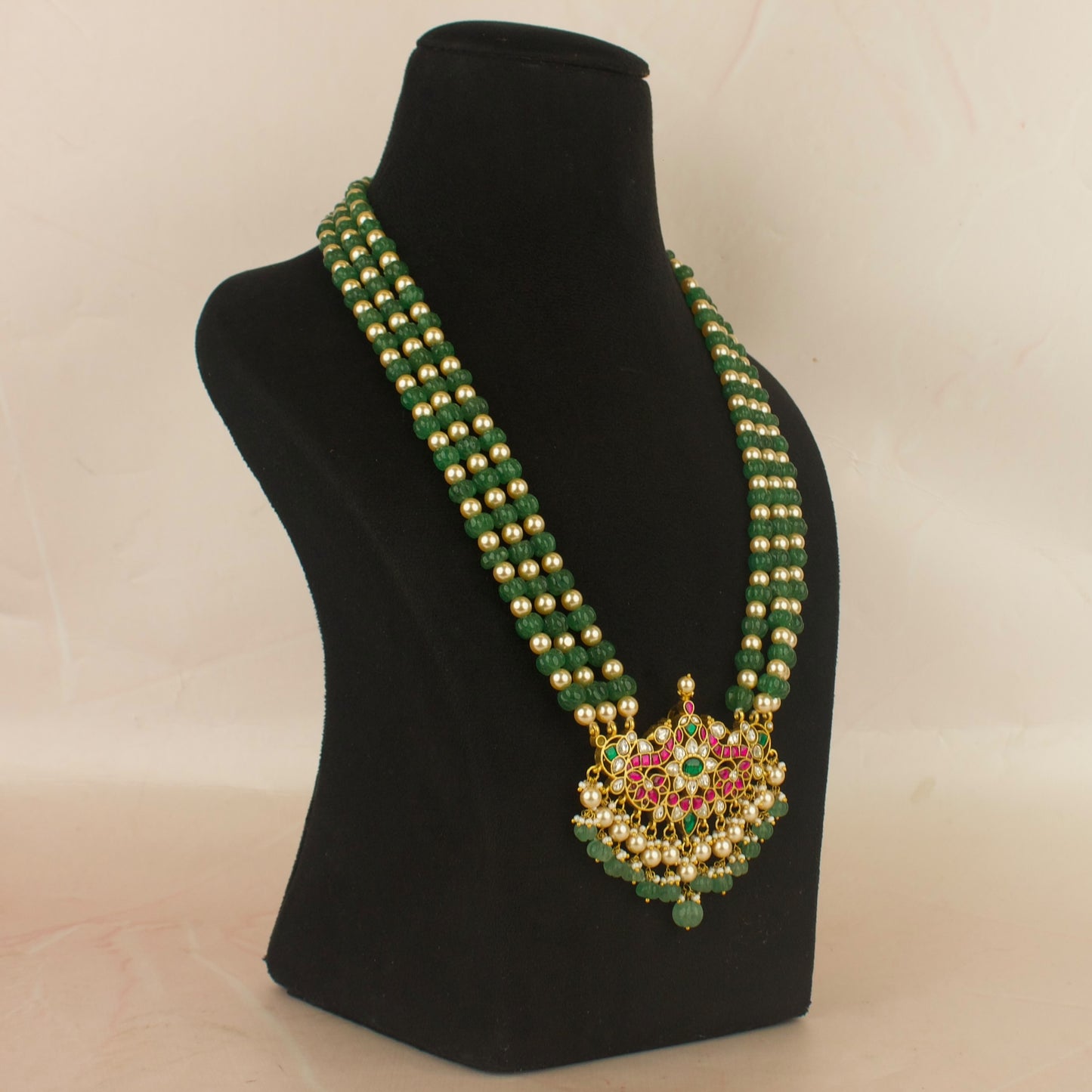 Opulent Floral Peacock Design Jadau Kundan haram with Green Beads