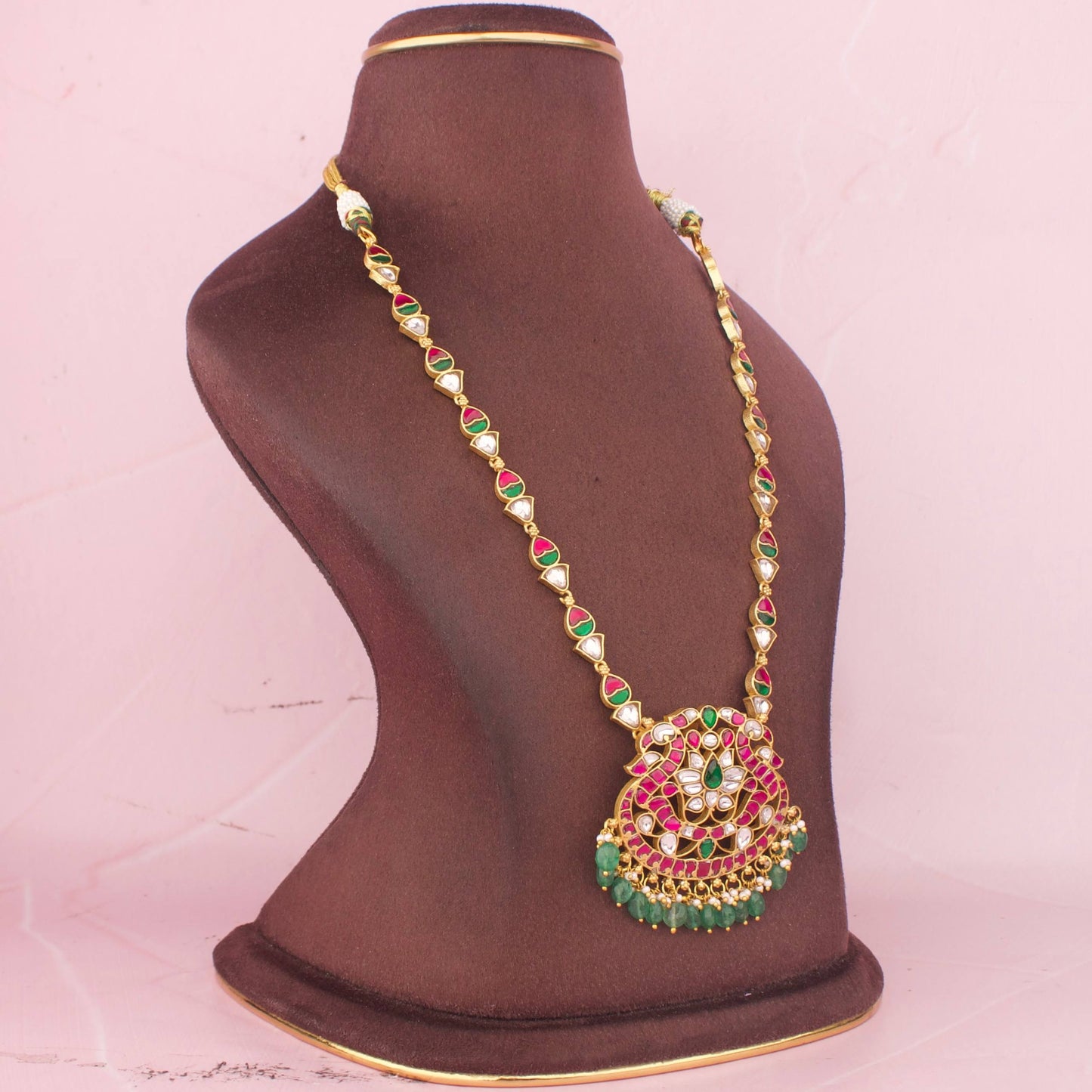 Traditional Jadau Kundan Long Necklace With Statement Floral Pendant