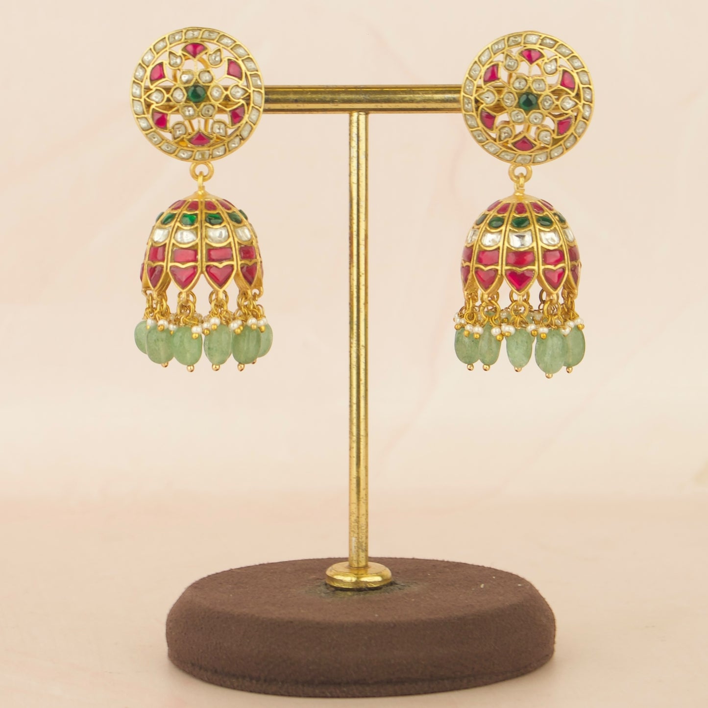 Regal Grandeur Ruby & Emerald Jadau Kundan Jhumka earrings
