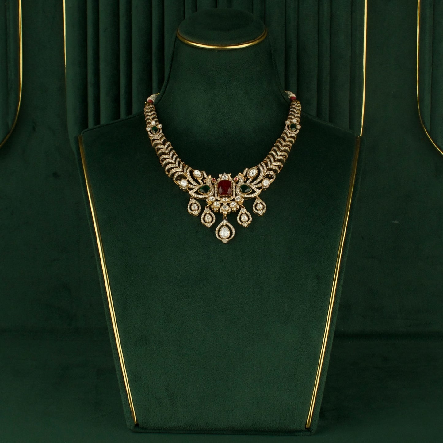 Deluxe Peacock Design Fusion Kundan & Polki Victorian Necklace Set
