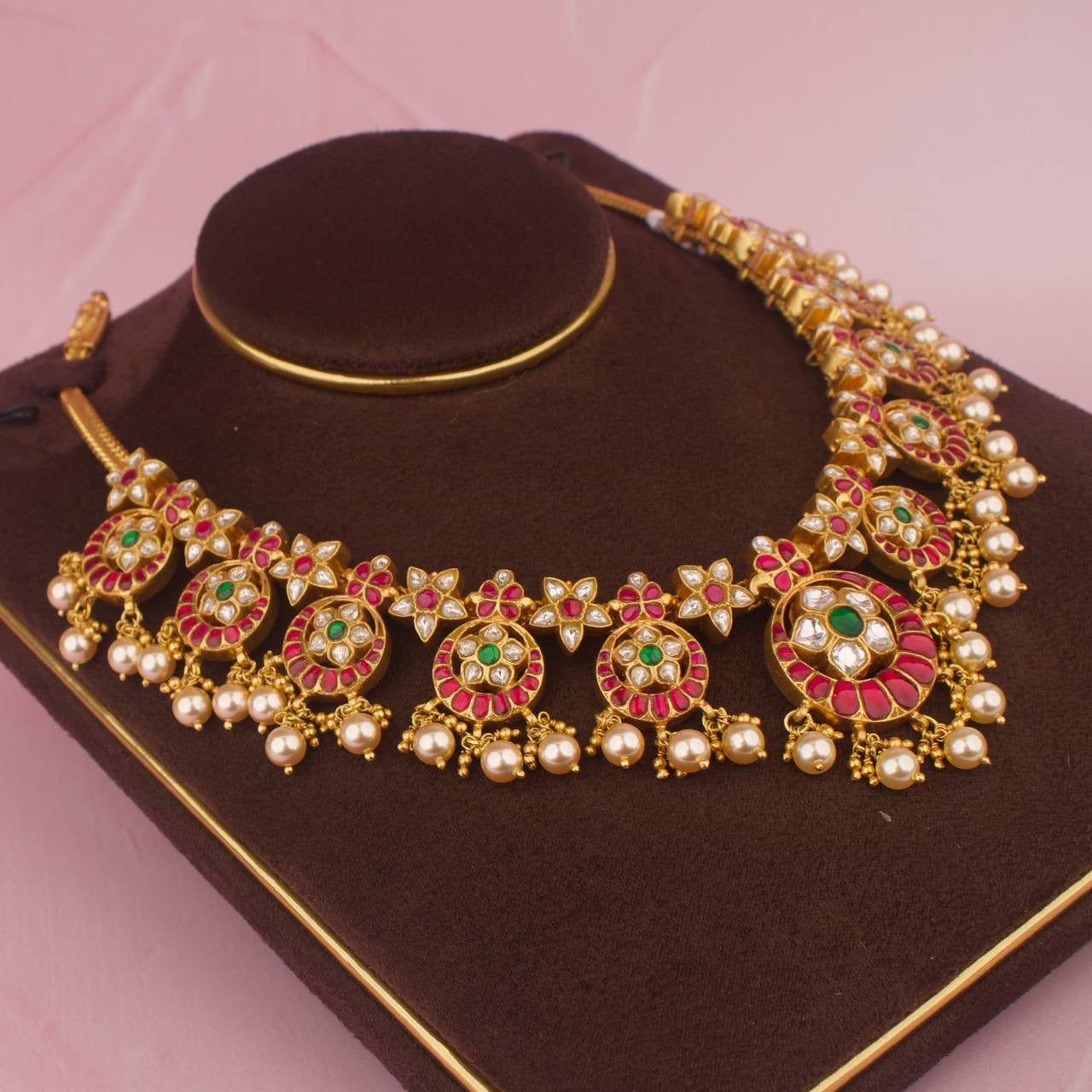 Traditional South-Indian Jadau Kundan Bottu Necklace With Swarovski Pearl Hangings