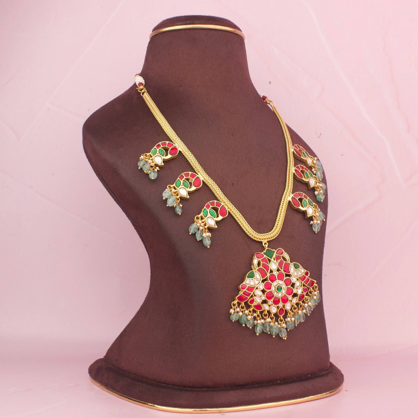 Floral Peacock Design Jadau Kundan Necklace with Green Beads