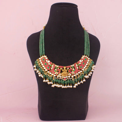 Temple Beads Necklace With Laxmi Devi Center And Green Drops