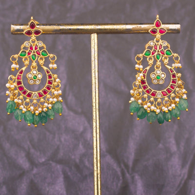 Classic Jadau Kundan Chandbali Earrings With Emerald Drops