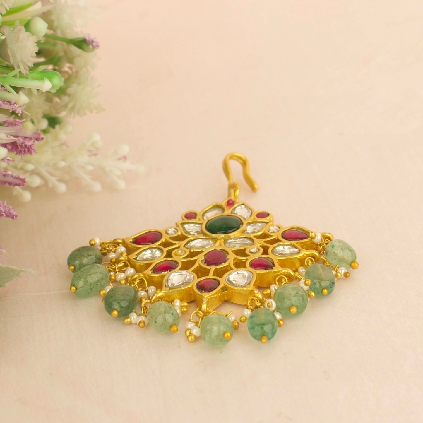 Lotus design Jadau Kundan Short Maang Tikka With Green Beads