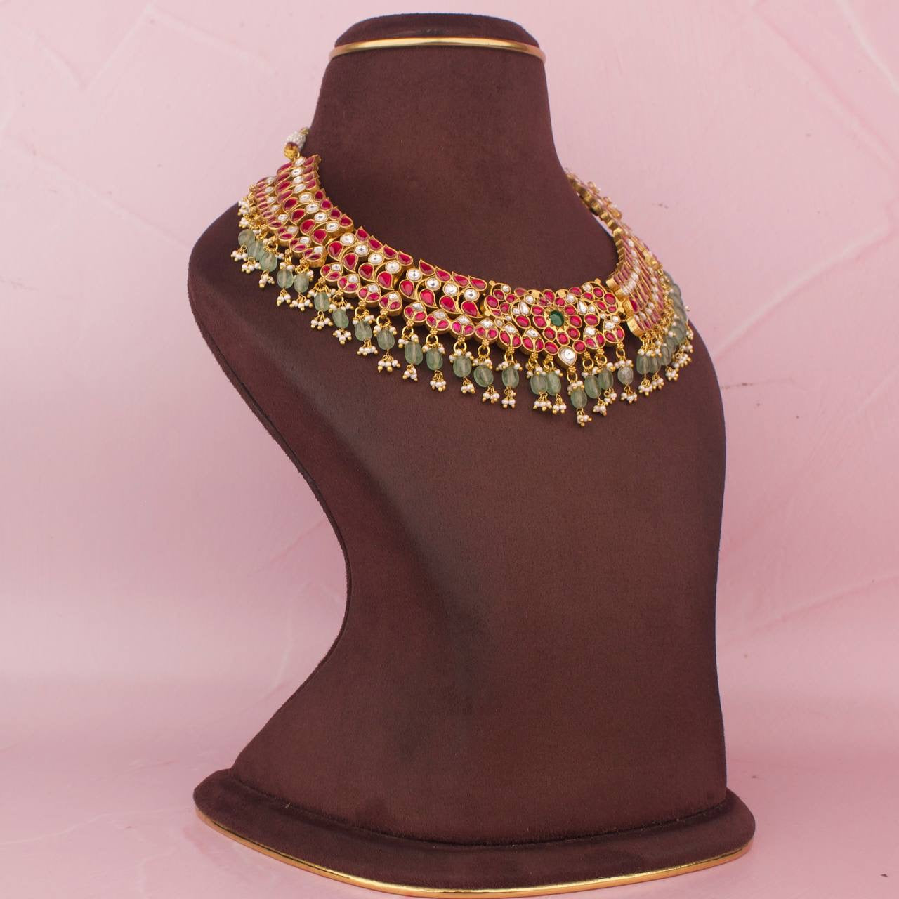 Bridal Jadau Kundan Necklace With Beads Hanging