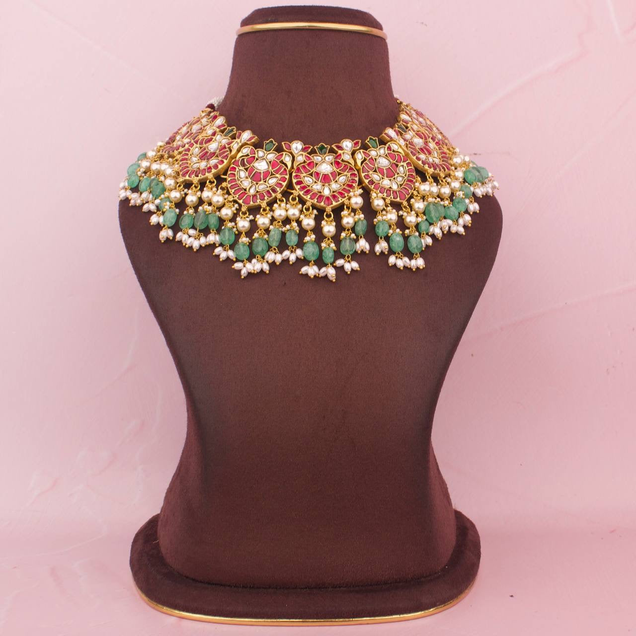 Classic Jadau Kundan Peacock Necklace With Pearls And Beads Hanging