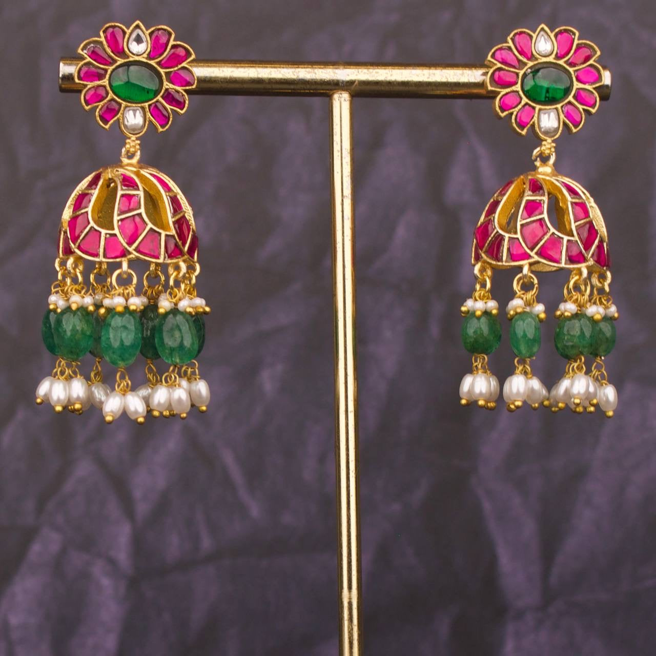 Traditional Jadau Kundan Jhumki Earrings With Guttapusalu Hanging Earrings
