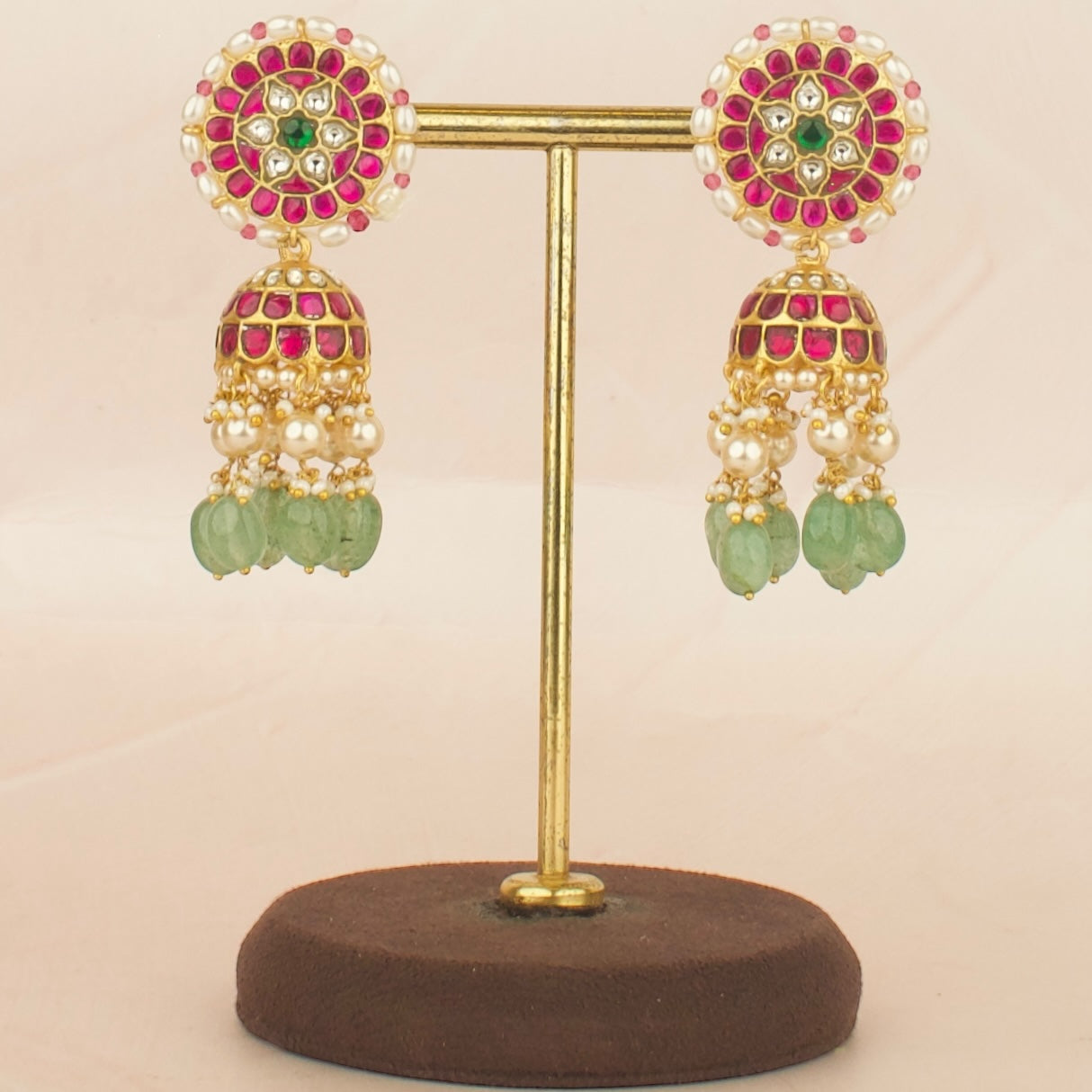 Intricate floral Design Studded Jadau Kundan Jhumki with Green beads
