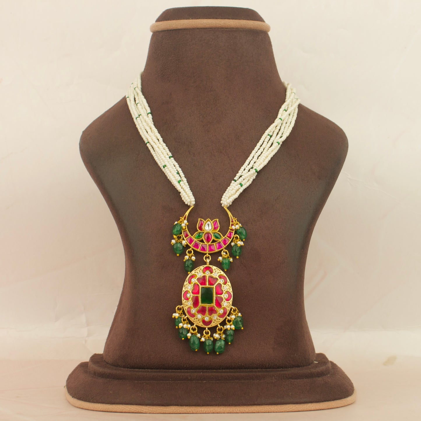 Classic Jadau Kundan Paerl Mala With Chand Lotus Design Locket