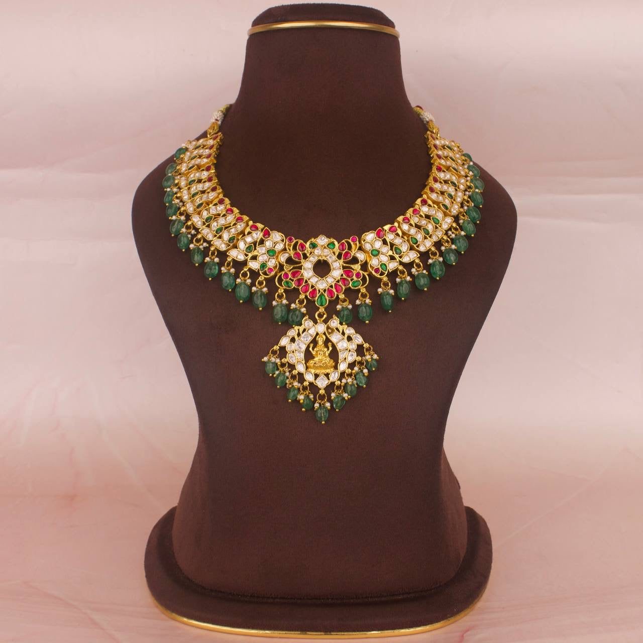 Unique Jadau Kundan & Moissanite Polki Necklace With Beads Hangings