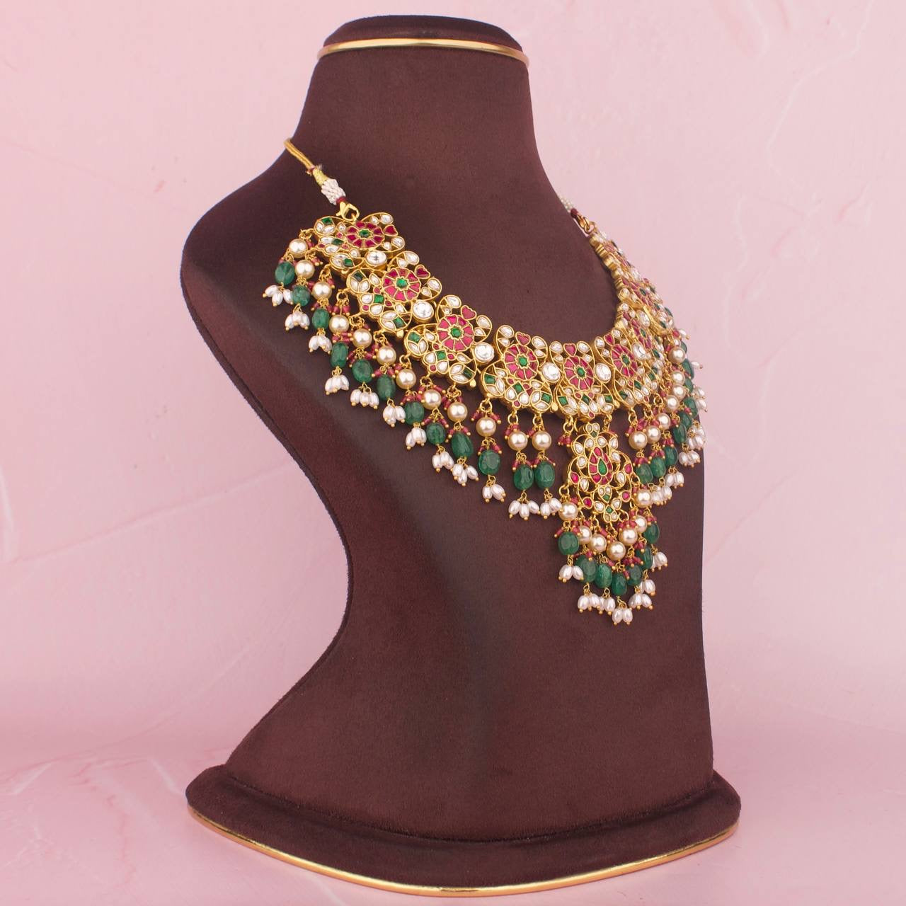 Floral Jadau Kundan Short Necklace With Strawberry Beads Hangings